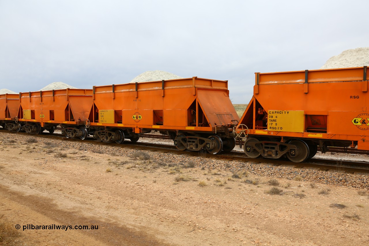 161109 1901
Moule, former BHP RSK type iron ore waggon, modified by G&W Port Lincoln to cart gypsum and coded RSG type, RSG 7, fitted with hungry boards and loaded with gypsum.
Keywords: RSG-type;RSG7;RSK-type;