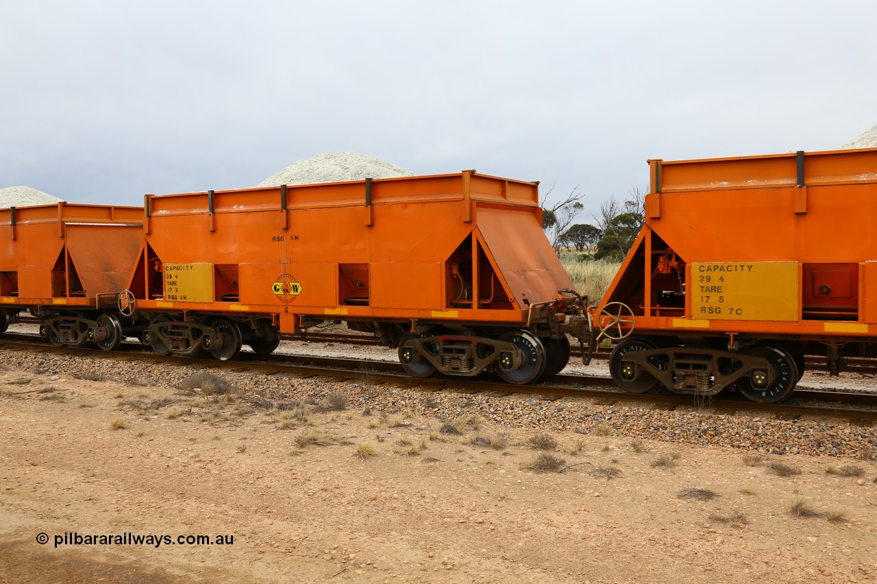161109 1902
Moule, former BHP RSK type iron ore waggon, modified by G&W Port Lincoln to cart gypsum and coded RSG type, RSG 5, fitted with hungry boards and loaded with gypsum.
Keywords: RSG-type;RSG5;RSK-type;