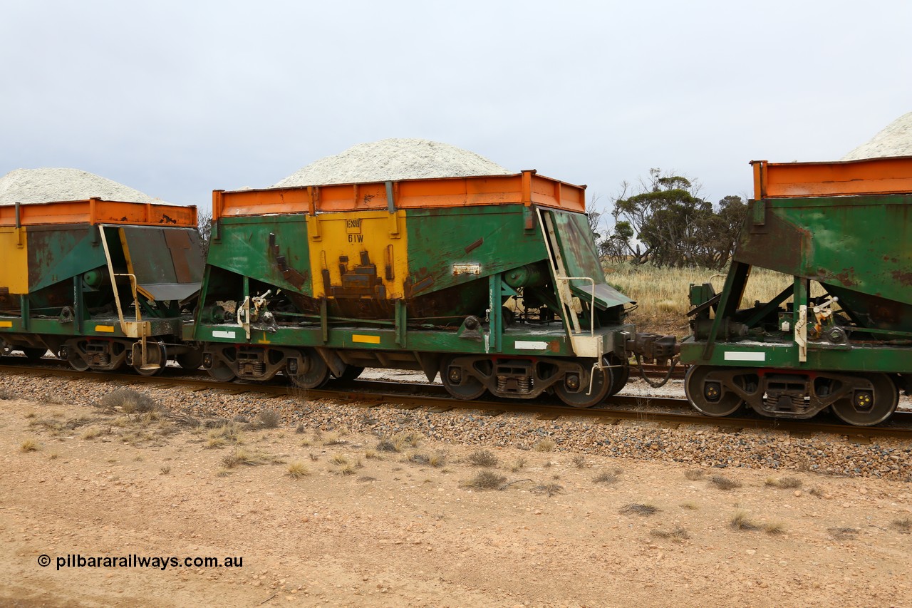 161109 1910
Moule, originally built by Kinki Sharyo as the NH type for the NAR in 1968, sent to Port Lincoln in 1978, then rebuilt and recoded ENH type in 1984, the last member of both types ENH 61 with hungry boards loaded with gypsum.
Keywords: ENH-type;ENH61;Kinki-Sharyo-Japan;NH-type;