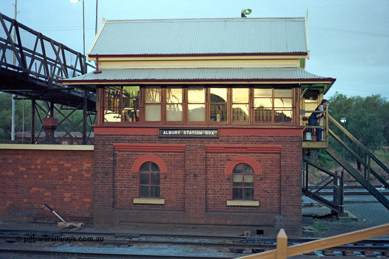 100-11
Albury Station signal box, opened in March 1887, the box is an E2 type, originally with 36 levers, extended to 42 levers in May 1940. It was used to control the north end of Albury. Booked out of use at 0600 on Friday the 1st of August 2003. [url=https://goo.gl/maps/5A6DM4WuVq1zbsNRA]Geodata[/url].
