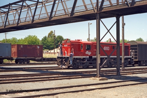 100-18
Albury yard, NSWSRA standard gauge 48 class 4893 AE Goodwin ALCo model DL531 serial G3420-8, red terror livery, shunters riding loco. [url=https://goo.gl/maps/GD6wj4qXeCg5BFzr7]Geodata[/url].
Keywords: 48-class;4893;AE-Goodwin;ALCo;DL531;G3420-8;