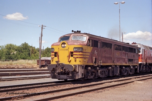 100-19
Albury yard, Wilson Street, NSWSRA standard gauge 44 class 4479 AE Goodwin ALCo model DL500B serial G3421-19 and 422 class 42205 Clyde Engineering EMD model J26C serial 69-660, candy livery, north bound Inter-Capital Daylight. [url=https://goo.gl/maps/GD6wj4qXeCg5BFzr7]Geodata[/url].
Keywords: 44-class;4479;AE-Goodwin;ALCo;DL500B;G3421-19;422-class;42205;Clyde-Engineering-Granville-NSW;EMD;J26C;69-660;