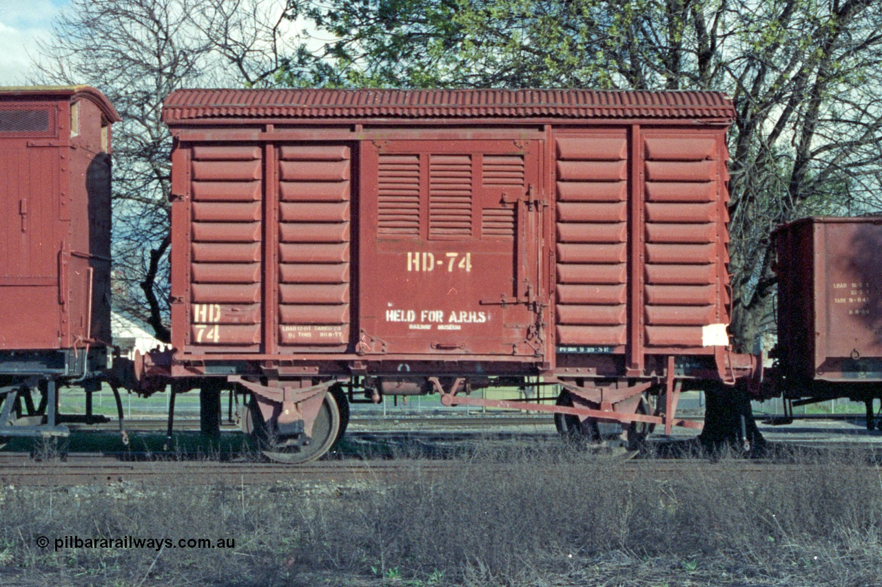 103-19
Benalla Workshops, broad gauge HD type four wheel departmental van HD 74, stencilled 'Held For ARHS'. HD 74 was originally built as a U van U 1547 by Victorian Railways Bendigo Workshops in January 1957, converted to HD in August 1977.
Keywords: HD-type;HD74;Victorian-Railways-Bendigo-WS;U-type;U1547;fixed-wheel-waggon;