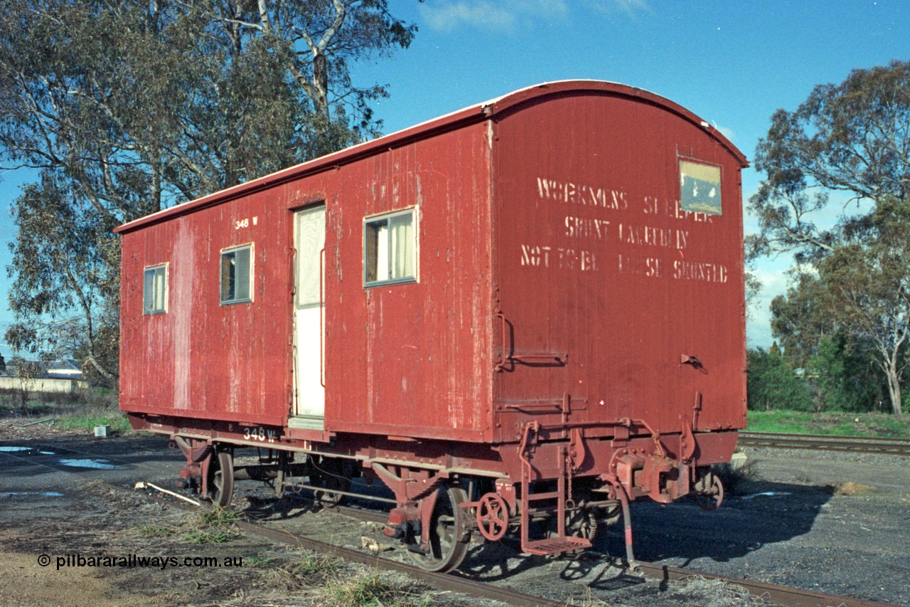 103-22
Benalla, broad gauge W type four wheel workman's sleeper waggon W 348, built new by the Victorian Railways in June 1936.
Keywords: W-type;W348;fixed-wheel-waggon;