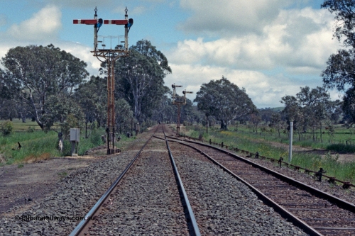104-05
Buangor crossing loop, yard view looking west, mechanical somersault semaphore signal post 5, Down Home, facing camera and mechanical somersault semaphore signal post 6, Up Home, in the distance facing west, point rodding following No.1 Rd to the points.
