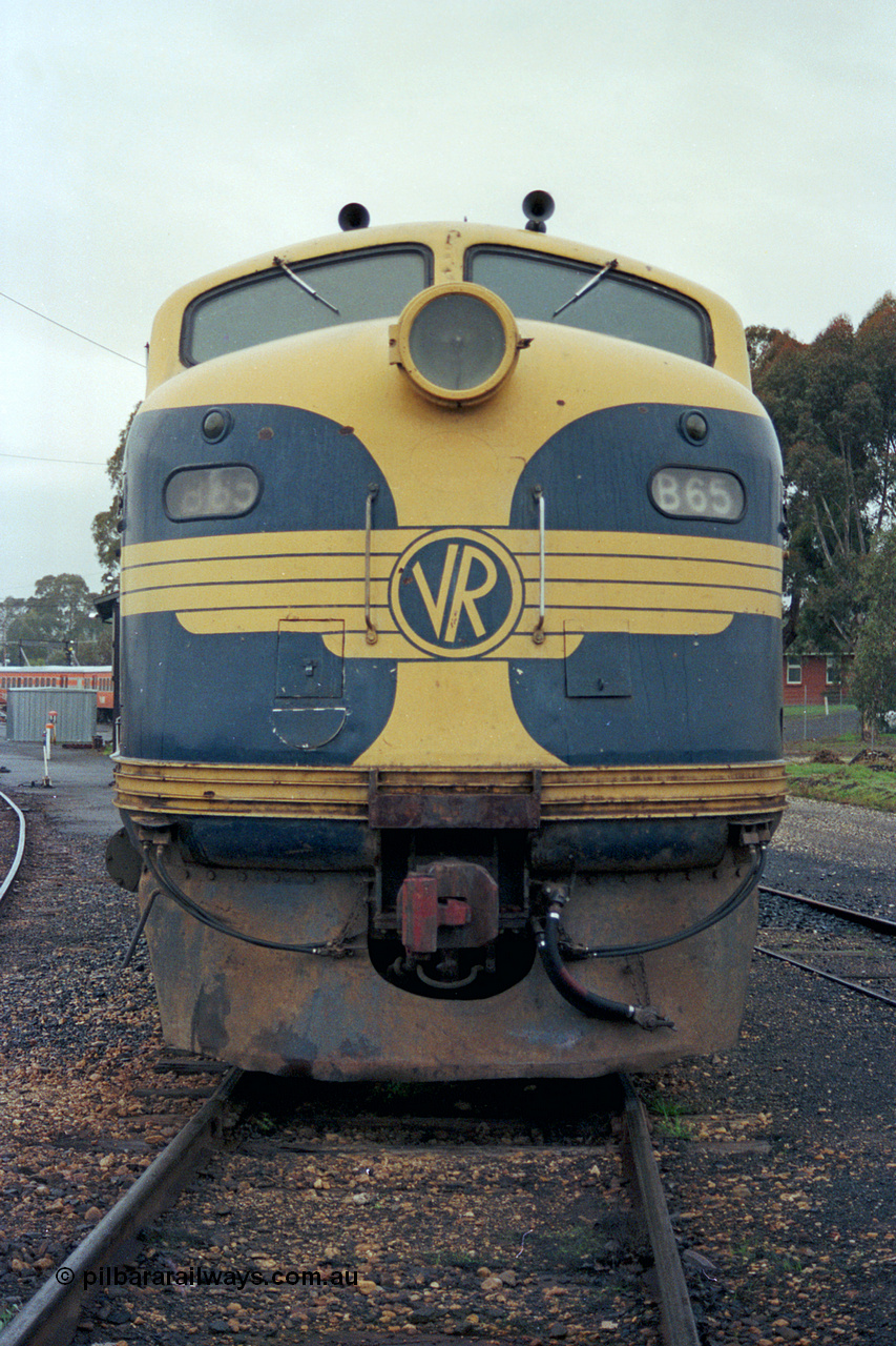 106-18
Seymour broad gauge passenger stabling yard, V/Line B class loco B 65 Clyde Engineering EMD model ML2 serial ML2-6 still in VR or Victorian Railways blue and gold livery, front view.
Keywords: B-class;B65;Clyde-Engineering-Granville-NSW;EMD;ML2;ML2-6;bulldog;