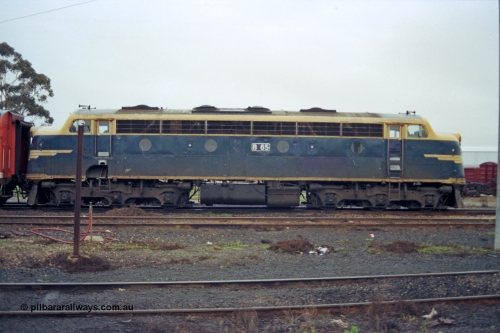 106-19
Seymour broad gauge passenger stabling yard, V/Line B class loco B 65 Clyde Engineering EMD model ML2 serial ML2-6 still in VR or Victorian Railways blue and gold livery, side view.
Keywords: B-class;B65;Clyde-Engineering-Granville-NSW;EMD;ML2;ML2-6;bulldog;