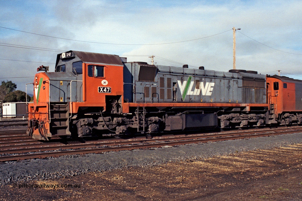 109-14
Seymour, rationalised yard, V/Line broad gauge X class X 47 Clyde Engineering EMD model G26C serial 75-794, stabled grain train.
Keywords: X-class;X47;Clyde-Engineering-Rosewater-SA;EMD;G26C;75-794;