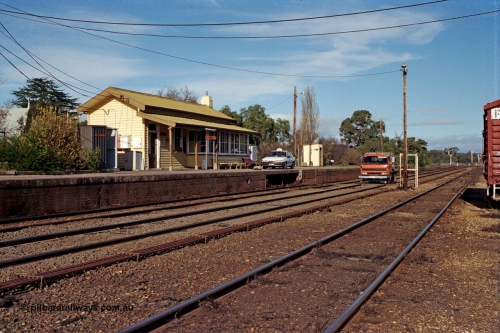109-19
Avenal station building and platform, Hi-Rail truck on mainline, point rodding and staff exchange platform.
