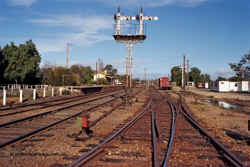 109-20
Avenal station yard overview looking south, prior to rationalisation, semaphore signal post 10 and disc signal post 9 facing away from camera, point indicators and rodding, double compound points, gang camp dongas, Hi-Rail truck on mainline.
