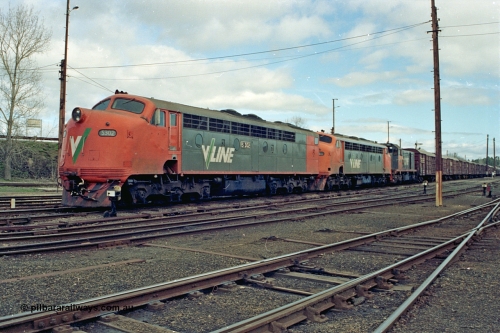 110-01
Benalla yard overview, broad gauge V/Line S class S 302 'Edward Henty' Clyde Engineering EMD model A7 serial 57-166, B class B 64 Clyde Engineering EMD model ML2 serial ML2-5 and V/Line T class loco T 403 with serial 67-498 a Clyde Engineering Granville NSW built EMD model G18B with stabled down Wodonga goods train 9303, point indicators.
Keywords: S-class;S302;Clyde-Engineering-Granville-NSW;EMD;A7;57-166;bulldog;B-class;B64;ML2;ML2-5;T-class;T403;G18B;67-498;