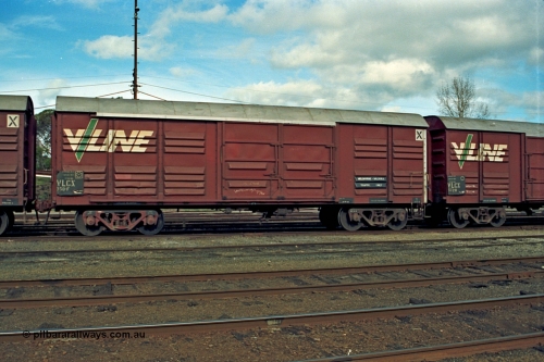 110-07
Benalla yard view, broad gauge V/Line VLCX type bogie louvre van VLCX 350 stencilled 'Melb - Mildura Traffic Only', stabled down Wodonga goods train 9303. Built in November 1965 by Ballarat North Workshops as VLX type, recoded in April 1979.
Keywords: VLCX-type;VLCX350;Victorian-Railways-Ballarat-Nth-WS;VLX-type;