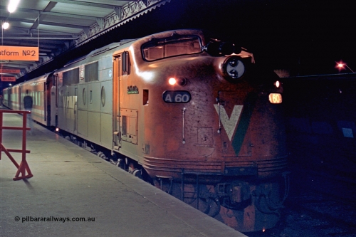 110-31
Seymour station platform two, V/Line broad gauge A class A 60 'Sir Harold Clapp' Clyde Engineering EMD model AAT22C-2R serial 84-1184 rebuilt from B 60 'Sir Harold Clapp' Clyde Engineering EMD model ML2 serial ML2-1, down Cobram passenger train 8345.
Keywords: A-class;A60;Clyde-Engineering-Rosewater-SA;EMD;AAT22C-2R;84-1184;rebuild;bulldog;