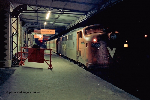 110-32
Seymour station platform two, V/Line broad gauge A class A 60 'Sir Harold Clapp' Clyde Engineering EMD model AAT22C-2R serial 84-1184 rebuilt from B 60 'Sir Harold Clapp' Clyde Engineering EMD model ML2 serial ML2-1, down Cobram passenger train 8345.
Keywords: A-class;A60;Clyde-Engineering-Rosewater-SA;EMD;AAT22C-2R;84-1184;rebuild;bulldog;