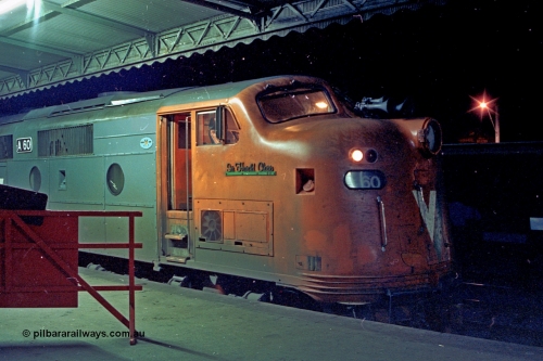 110-33
Seymour station platform two, V/Line broad gauge A class A 60 'Sir Harold Clapp' Clyde Engineering EMD model AAT22C-2R serial 84-1184 rebuilt from B 60 'Sir Harold Clapp' Clyde Engineering EMD model ML2 serial ML2-1, down Cobram passenger train 8345.
Keywords: A-class;A60;Clyde-Engineering-Rosewater-SA;EMD;AAT22C-2R;84-1184;rebuild;bulldog;