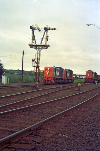 111-10
North Geelong grain arrivals yard, V/Line broad gauge locos T class T 374 Clyde Engineering EMD model G8B serial 64-329 and T class 3?? run back toward North Geelong C Box bound for the loco depot framed between semaphore post 13, ground dwarf disc signal 12 and 9192 up Mt Gambier goods train.
Keywords: T-class;T374;Clyde-Engineering-Granville-NSW;EMD;G8B;64-329;