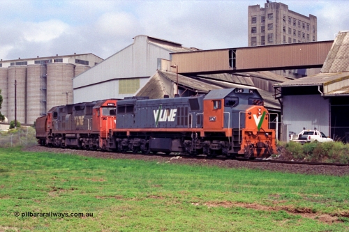 111-23
North Geelong grain loop, V/Line broad gauge locos X class X 47 Clyde Engineering EMD model G26C serial 75-794 and N class N 461 'City of Ararat' Clyde Engineering EMD model JT22HC-2 serial 86-1190 on the grain loop unloading their train, grain complex behind locos.
Keywords: X-class;X47;Clyde-Engineering-Rosewater-SA;EMD;G26C;75-794;