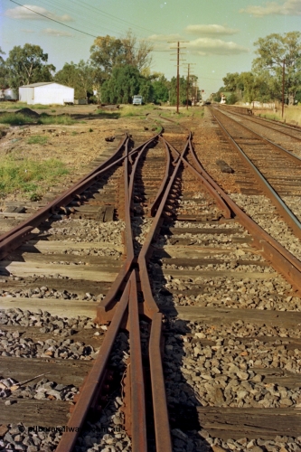 112-03
Violet Town broad gauge track view, looking north, double compound points, Siding A is removed, Siding B bottom left running behind lens, station in background, March 1994.
