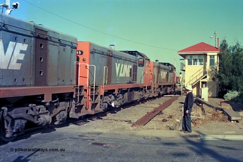 112-34
North Geelong C Box, V/Line broad gauge H class locos H 4 Clyde Engineering EMD model G18B serial 68-633, H 5 serial 68-632 and H 2 serial 68-630, grain loop shunt engines returning light engine to Geelong loco depot obtain the staff to Nth Geelong B Box from the C Box signaller, safeworking, point rodding, signal box.
Keywords: H-class;H4;Clyde-Engineering-Granville-NSW;EMD;G18B;68-633;H5;68-632;H2;68-630;