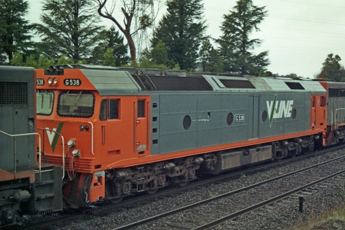 113-10
Warrenheip, V/Line broad gauge G class G 538 Clyde Engineering EMD model JT26C-2SS serial 89-1271, clean paint, part of up Adelaide goods train 9150, in miserable conditions, poor quality.
Keywords: G-class;G538;Clyde-Engineering-Somerton-Victoria;EMD;JT26C-2SS;89-1271;