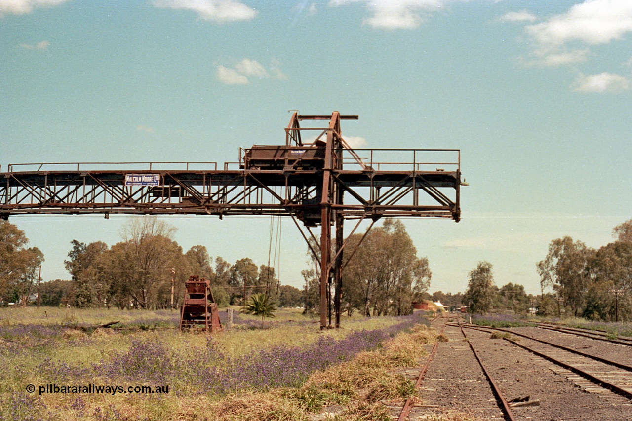 114-14
Tocumwal station yard, Malcolm Moore trans-shipping grab crane, looking south on broad gauge, standard gauge tracks on far right.

