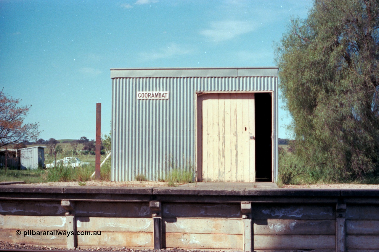 114-18
Goorambat station platform view, platform shed.
