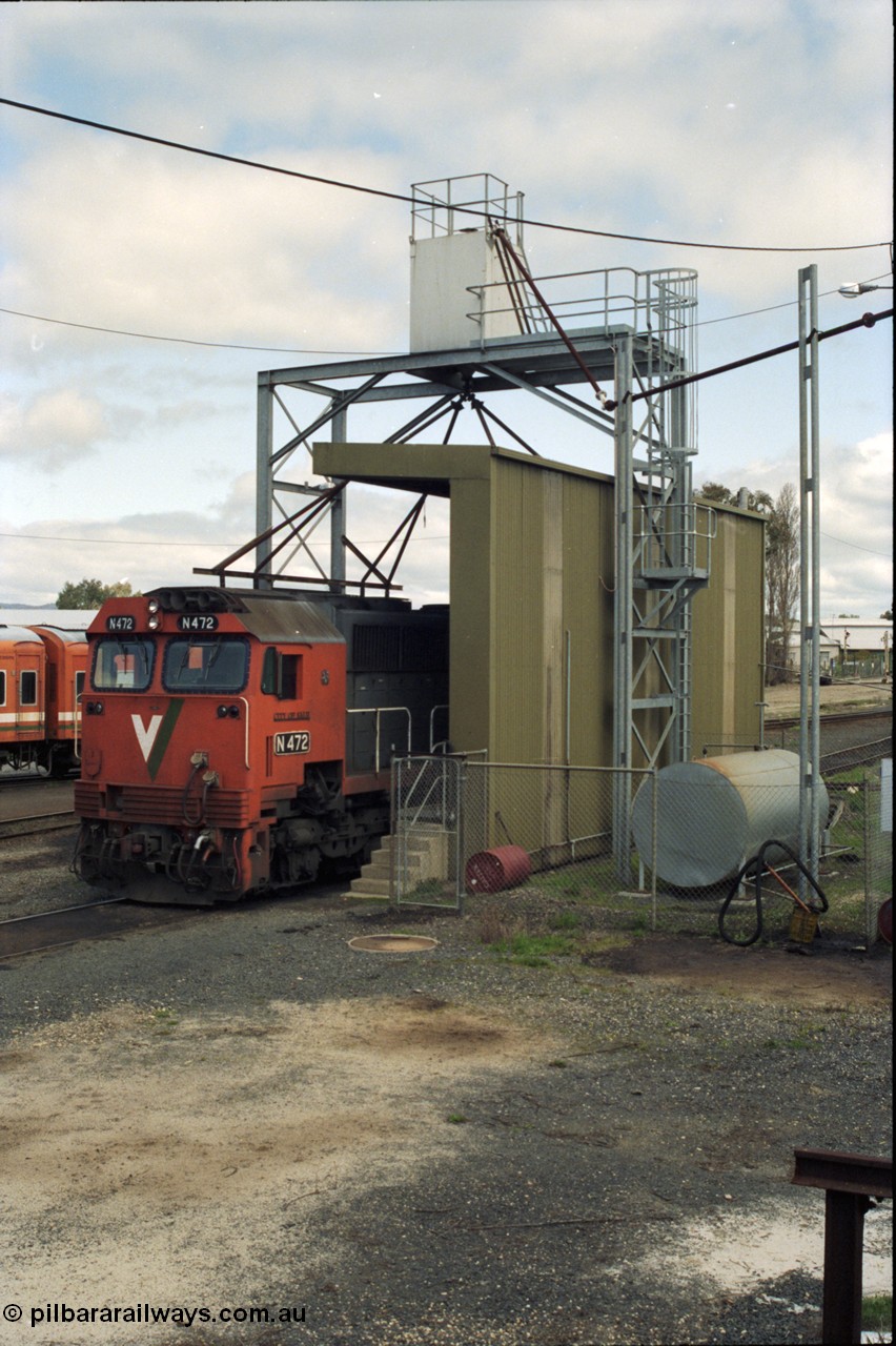 117-24
Seymour loco depot, fuel and sanding point, V/Line N class N 472 'City of Sale' Clyde Engineering EMD model JT22HC-2 serial 87-1201.
Keywords: N-class;N472;Clyde-Engineering-Somerton-Victoria;EMD;JT22HC-2;87-1201;