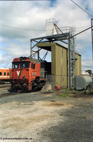 117-19
Seymour loco depot, fuel and sanding point, V/Line N class N 472 'City of Sale' Clyde Engineering EMD model JT22HC-2 serial 87-1201.
Keywords: N-class;N472;Clyde-Engineering-Somerton-Victoria;EMD;JT22HC-2;87-1201;
