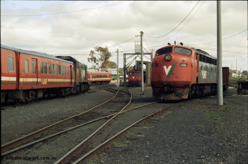 117-34
Seymour loco depot and passenger yard, V/Line H set N set and P class P 12 Clyde Engineering EMD model G18HBR serial 84-1206 rebuilt from T 329 Clyde Engineering EMD model G8B serial 56-82, N class N 472 'City of Sale' Clyde Engineering EMD model JT22HC-2 serial 87-1201, B class B 61 Clyde Engineering EMD model ML2 serial ML2-2, yard overview.
Keywords: B-class;B61;Clyde-Engineering-Granville-NSW;EMD;ML2;ML2-2;bulldog;