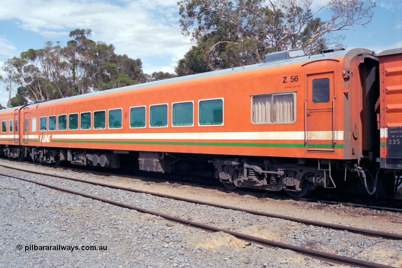 118-22
Cobram, V/Line broad gauge ACZ type bogie passenger carriage ACZ 256 with guards periscope part of steel Z set Z 56. Originally built by Victorian Railways Newport Workshops in February 1958 as AZ type steel first class sitting carriage AZ 6, in June 1972 modified to 56 seats and in  December 1984 converted to ACZ.
Keywords: ACZ-type;ACZ256;Victorian-Railways-Newport-WS;AZ-type;AZ6;