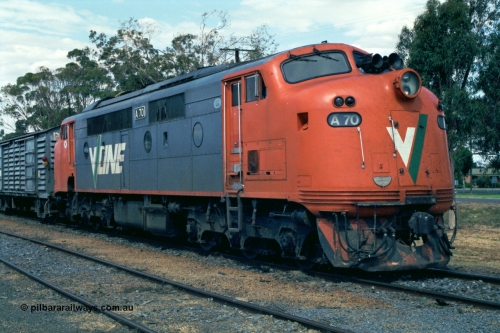 118-19
Cobram, V/Line broad gauge A class A 70 Clyde Engineering EMD model AAT22C-2R serial 84-1187 rebuilt from B 70 Clyde Engineering EMD model ML2 serial ML2-11 on stabled up passenger train.
Keywords: A-class;A70;Clyde-Engineering-Rosewater-SA;EMD;AAT22C-2R;84-1187;rebuild;bulldog;