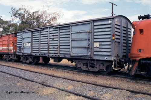 118-20
Cobram, V/Line broad gauge PH type bogie power van PH 451, V/Line grey livery, stabled up passenger train. Built in April 1956 by Newport Workshops as VP type van VP 139, re-coded in February 1980 to VLPY type, in August 1984 at Newport Workshops converted to PH 451 by replacing roof and fitting of generator sets.
Keywords: PH-type;PH451;Victorian-Railways-Newport-WS;VP-type;VP139;VLPY-type