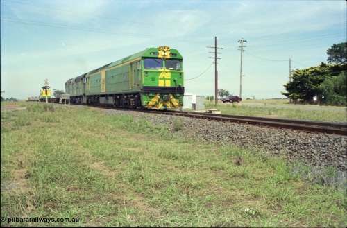 119-26
Rockbank Australian National broad gauge locos BL class BL 29 Clyde Engineering EMD model JT26C-2SS serial 83-1013 and 700 class 703 AE Goodwin ALCo model DL500G serial G6059-1 working down Adelaide goods train 9145 crossing.
Keywords: BL-class;BL29;Clyde-Engineering-Rosewater-SA;EMD;JT26C-2SS;83-1013;