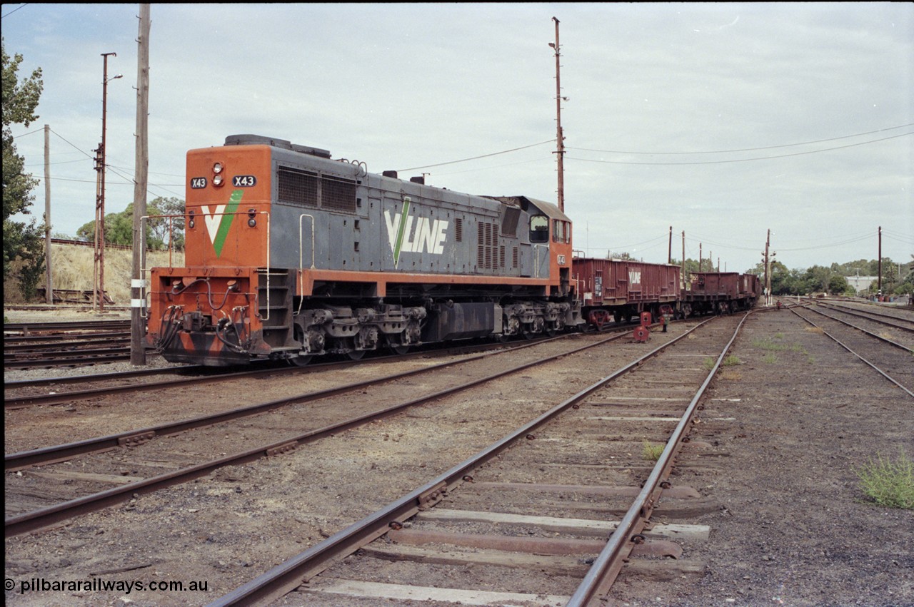 120-17
Benalla yard, V/Line broad gauge loco X class X 43 Clyde Engineering EMD model G26C serial 70-706, stabled down empty steel train, rationalisation has started, goods shed at right.
Keywords: X-class;X43;70-706;Clyde-Engineering-Granville-NSW;EMD;G26C;