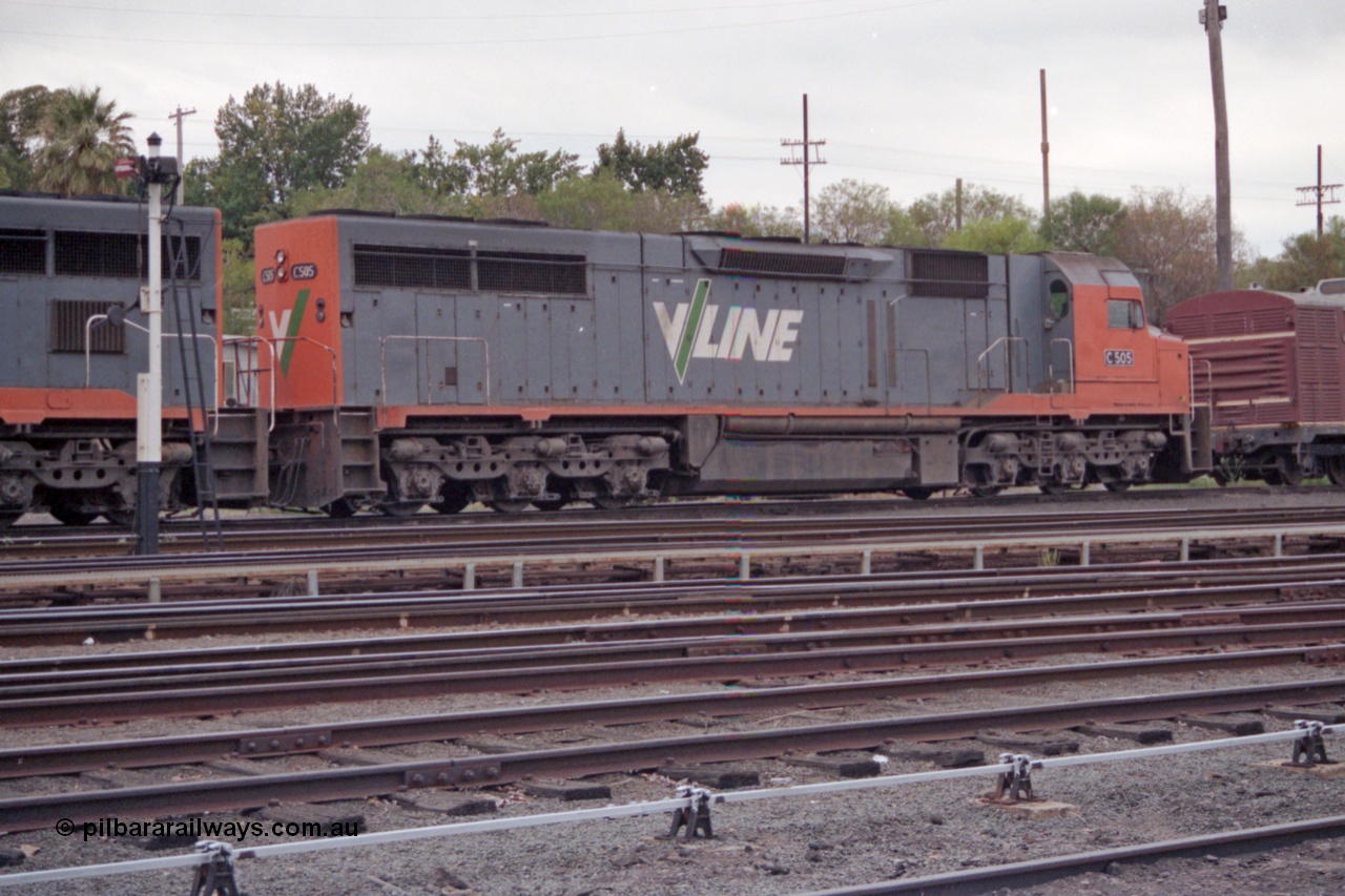 121-02
Albury loco depot, standard gauge V/Line C class C 505 Clyde Engineering EMD model GT26C serial 76-828, RHS view across yard, trailing shot.
Keywords: C-class;C505;Clyde-Engineering-Rosewater-SA;EMD;GT26C;76-828;