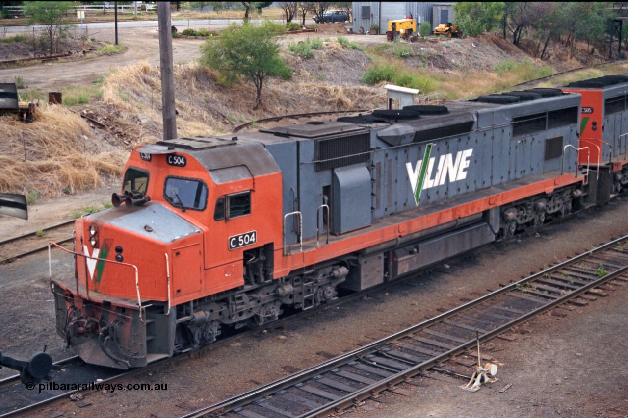 121-06
Albury loco depot, V/Line standard gauge C class C 504 Clyde Engineering EMD model GT26C serial 76-827 elevated view.
Keywords: C-class;C504;Clyde-Engineering-Rosewater-SA;EMD;GT26C;76-827;
