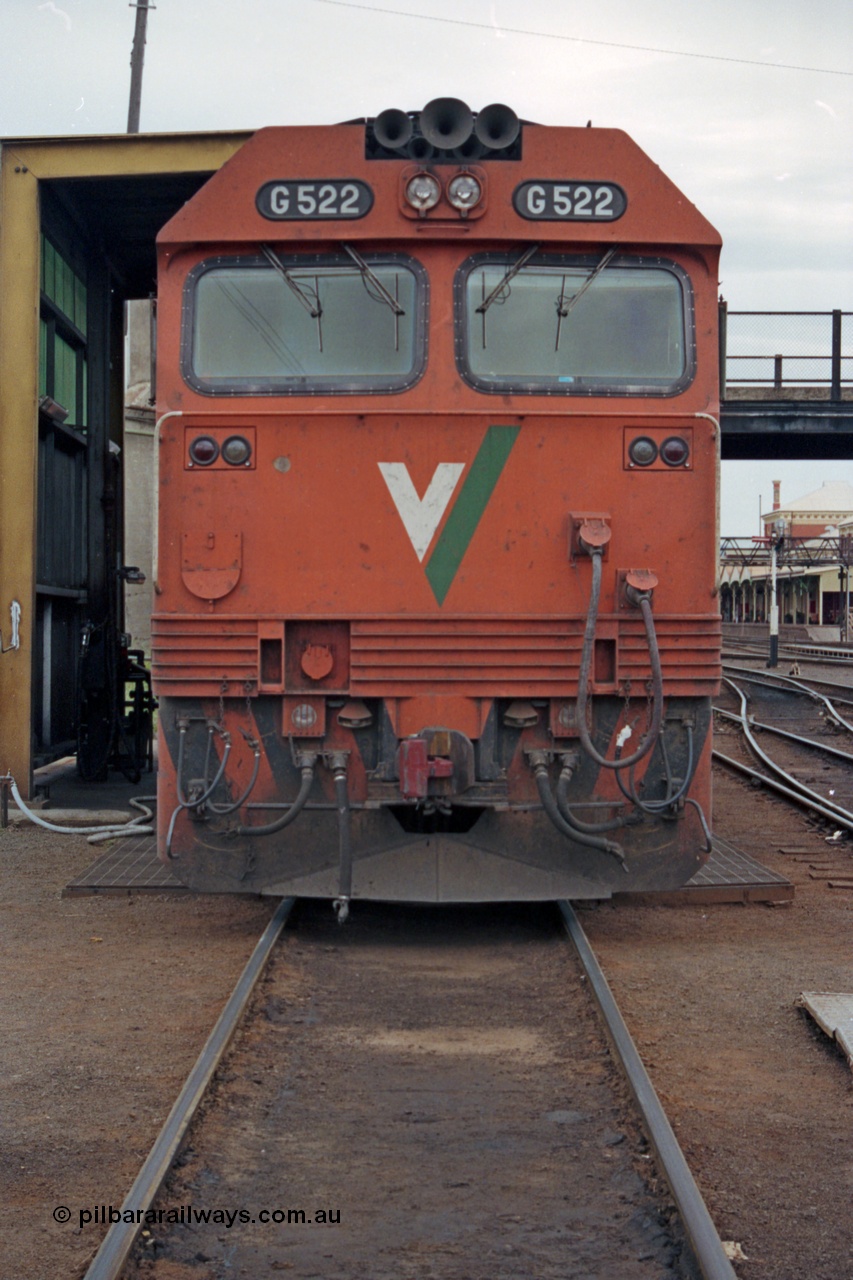 121-11
Albury loco depot, V/Line standard gauge G class G 522 Clyde Engineering EMD model JT26C-2SS serial 86-1235, cab front view.
Keywords: G-class;G522;Clyde-Engineering-Rosewater-SA;EMD;JT26C-2SS;86-1235;