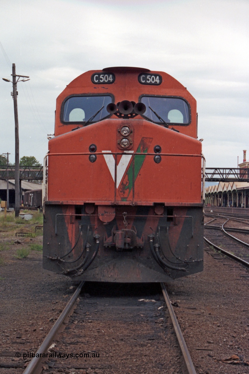 121-13
Albury loco depot, V/Line standard gauge C class C 504 Clyde Engineering EMD model GT26C serial 76-827, front view.
Keywords: C-class;C504;Clyde-Engineering-Rosewater-SA;EMD;GT26C;76-827;