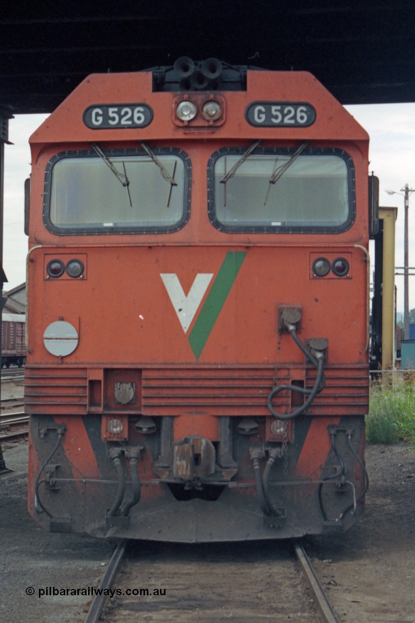 121-15
Albury loco depot, V/Line standard gauge G class G 526 Clyde Engineering EMD model JT26C-2SS serial 88-1256 front view.
Keywords: G-class;G526;Clyde-Engineering-Somerton-Victoria;EMD;JT26C-2SS;88-1256;
