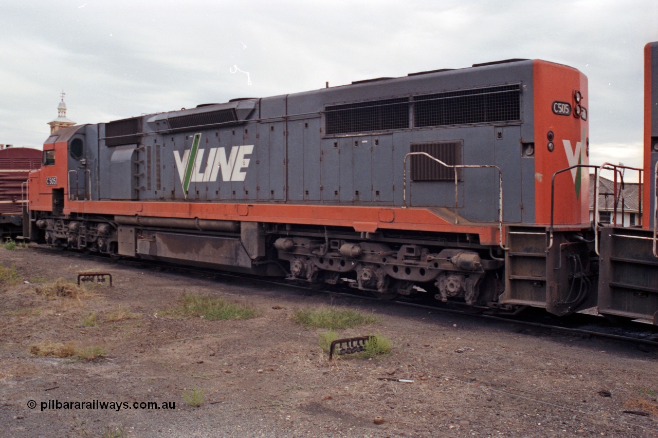 121-16
Albury loco depot, V/Line standard gauge C class C 505 Clyde Engineering EMD model GT26C serial 76-828, LHS view, trailing shot.
Keywords: C-class;C505;Clyde-Engineering-Rosewater-SA;EMD;GT26C;76-828;