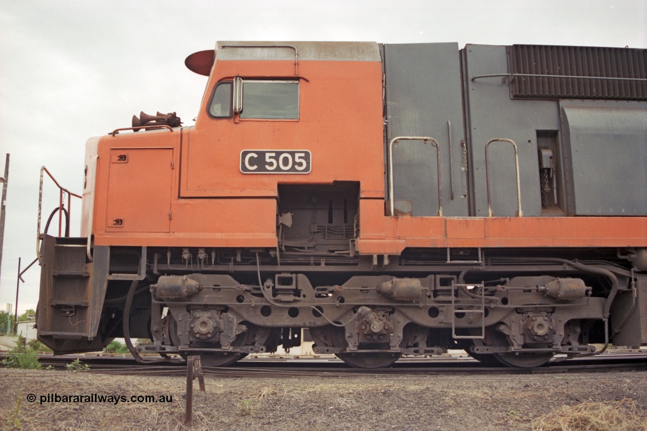 121-17
Albury loco depot, V/Line standard gauge C class C 505 Clyde Engineering EMD model GT26C serial 76-828 LHS cab view, shows staff exchanger pocket, no apparatus.
Keywords: C-class;C505;Clyde-Engineering-Rosewater-SA;EMD;GT26C;76-828;