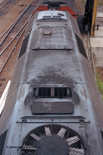 121-03
Albury loco depot, V/Line standard gauge G class Clyde Engineering EMD model JT26C-2SS roof detail view.
Keywords: G-class;G526;Clyde-Engineering-Somerton-Victoria;EMD;JT26C-2SS;88-1256;