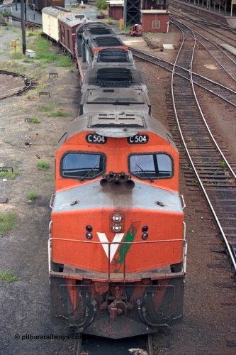 121-04
Albury loco depot, V/Line standard gauge C classes C 504 Clyde Engineering EMD model GT26C serial 76-827 and C 505 Clyde Engineering EMD model GT26C serial 76-828, coupled back to back, elevated vertical view.
Keywords: C-class;C504;Clyde-Engineering-Rosewater-SA;EMD;GT26C;76-827;