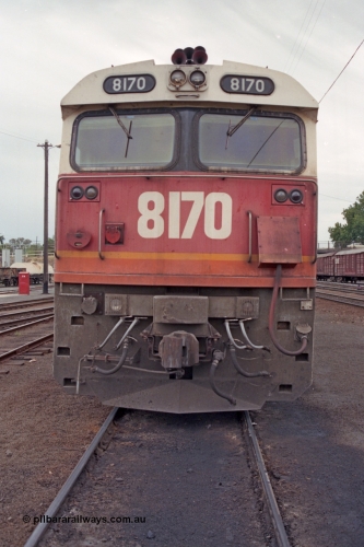 121-08
Albury yard, standard gauge NSWSRA 81 class 8170 Clyde Engineering EMD model JT26C-2SS serial 85-1089, cab front view, candy livery.
Keywords: 81-class;8170;Clyde-Engineering-Kelso-NSW;EMD;JT26C-2SS;85-1089;