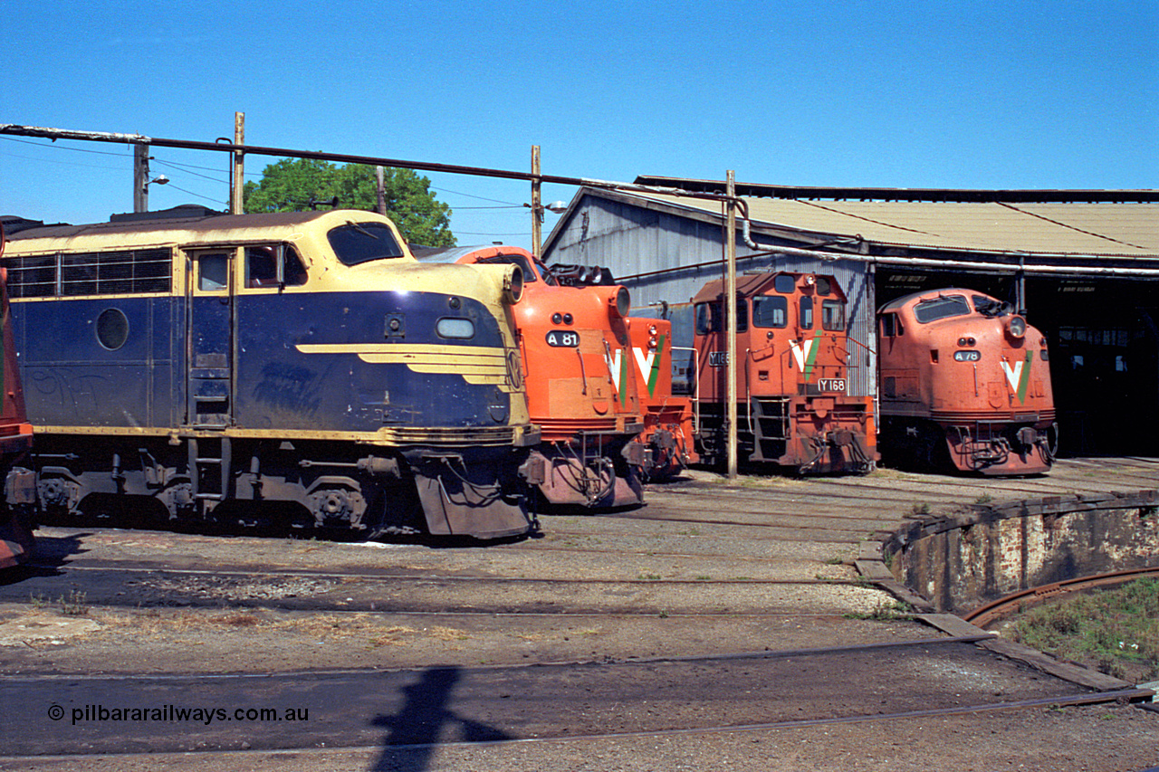 122-10
Traralgon loco depot, turntable pit and roundhouse, V/Line broad gauge locos, all Clyde Engineering EMD models; B class B 75 model ML2 serial ML2-16, still in VR livery, A class A 81 model AAT22C-2R serial 85-1189 rebuilt from B 81 model ML2 serial ML2-22, T class T 381 model G8B serial 64-336, Y class Y 168 model G6B serial 68-588, A class A 78 serial 84-1185 rebuilt from B 78 serial ML2-19.
Keywords: B-class;B75;Clyde-Engineering-Granville-NSW;EMD;ML2;ML2-16;bulldog;
