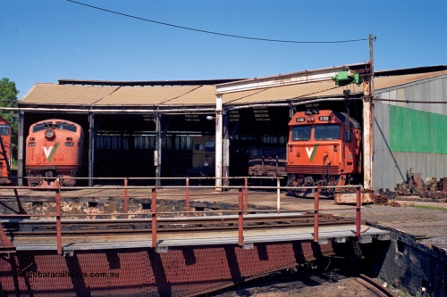 122-12
Traralgon loco depot, round house, turntable, V/Line broad gauge locos A class A 78 Clyde Engineering EMD model AAT22C-2R serial 84-1185 rebuilt from B class B 78 Clyde Engineering EMD model ML2 serial ML2-19, rail tractor RT class and G class G 512 Clyde Engineering EMD model JT26C-2SS serial 84-1240.

