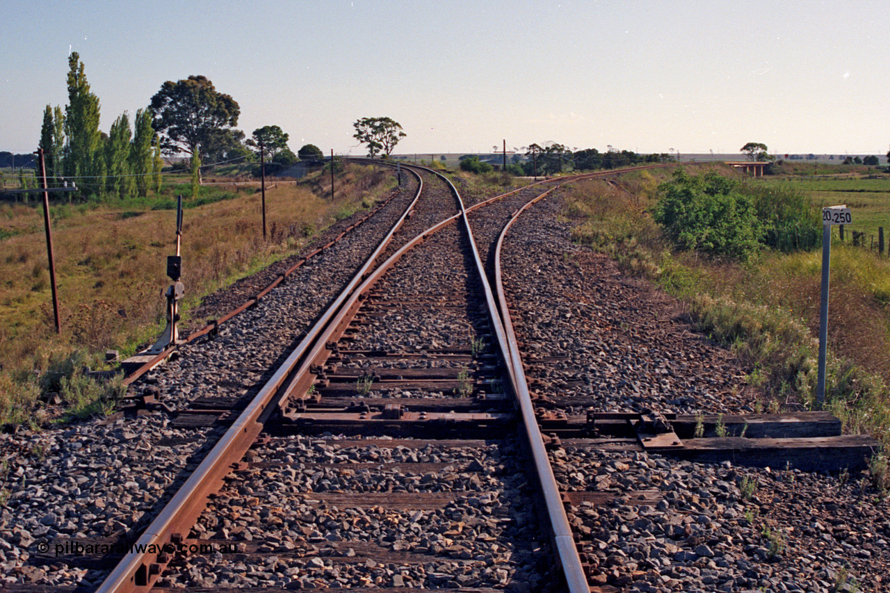 123-1-08
Stratford Junction, track view, line to the left is the Sale line and to the right is the Maffra line, points and lever with rodding for derail, 220.250 km post.
