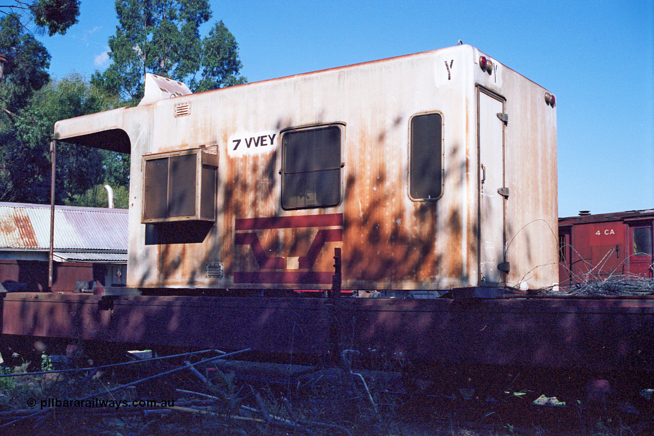 123-1-24
Healesville ex Victorian Railways VVEY class guards van cabin VVEY 7 made of fibreglass, Victorian Railways Newport Workshops built ten of these in 1981-82, sitting on an QN class bogie ballast waggon.
Keywords: VVEY-van;VVEY7;Victorian-Railways-Newport-WS;ZMF-van;