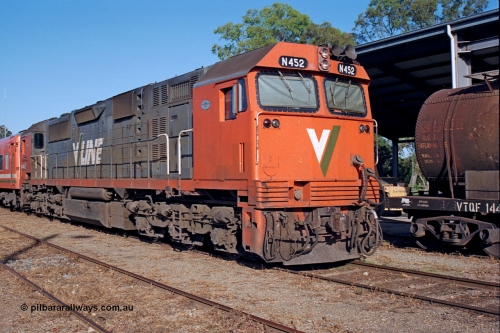 123-1-12
Bairnsdale V/Line broad gauge loco N class N 452 'Rural City of Wodonga' Clyde Engineering EMD model JT22HC-2 serial 85-1220.
Keywords: N-class;N452;Clyde-Engineering-Somerton-Victoria;EMD;JT22HC-2;85-1220;