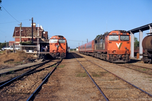 123-1-13
Bairnsdale station overview, V/Line broad gauge N class locos N 451 'City of Portland' Clyde Engineering EMD model JT22HC-2 serial 85-1219 with an up passenger train and N class N 452 'Rural City of Wodonga' serial 85-1220 with a stabled pass in the yard, signal post.
Keywords: N-class;N451;Clyde-Engineering-Somerton-Victoria;EMD;JT22HC-2;85-1219;